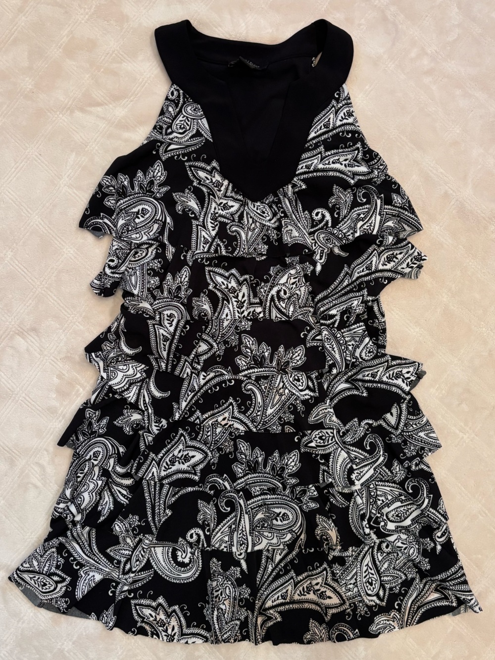 Black & White Paisley Ruffle Midi Cocktail Dress